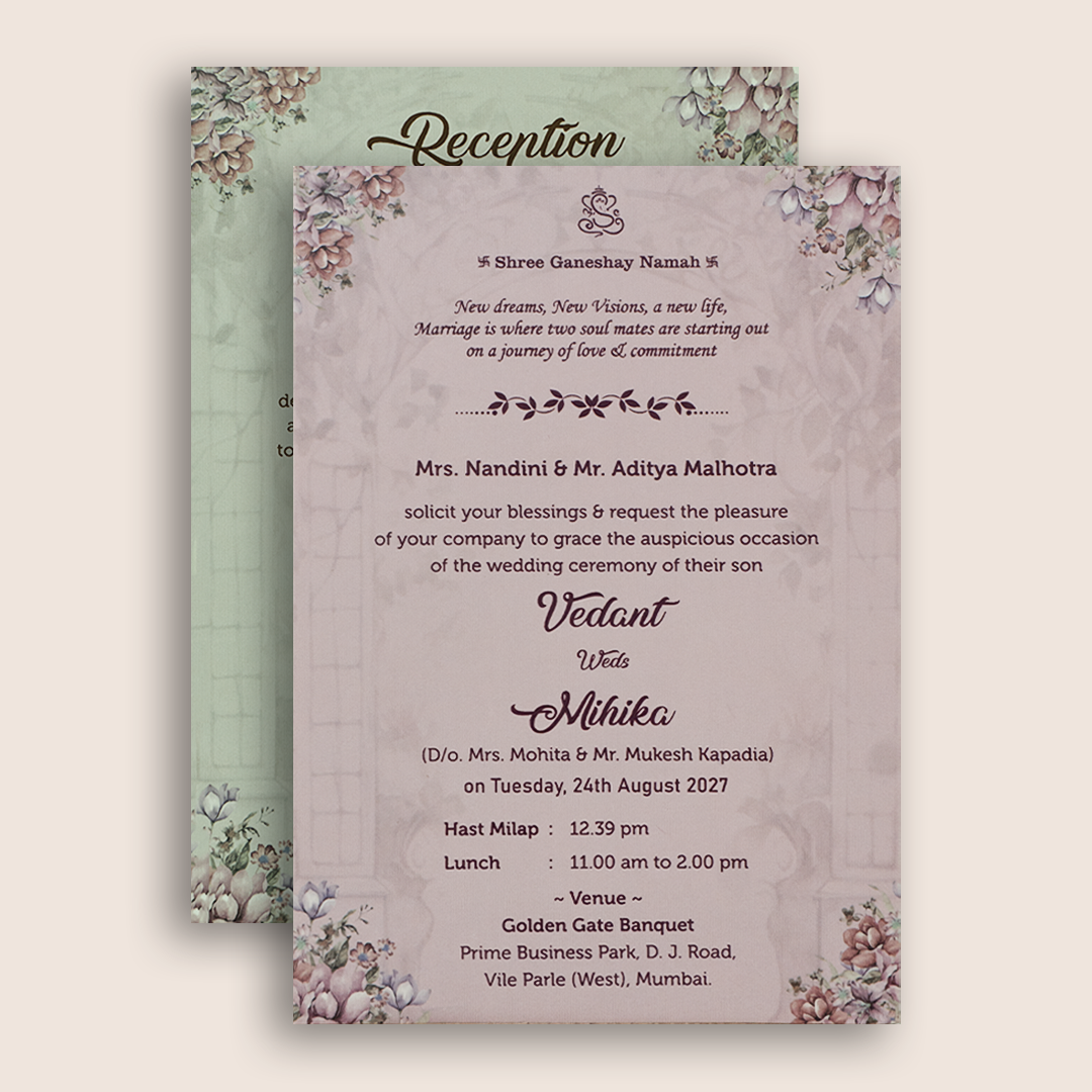 Grey Floral Padded Door Style Marriage Invitation Card - KVN07070