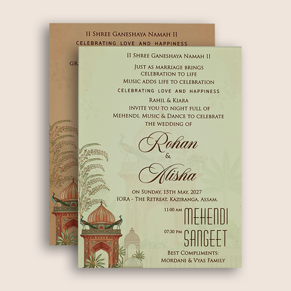Peach Elephant Peacock Door Style Padded Wedding Card - KFR17310