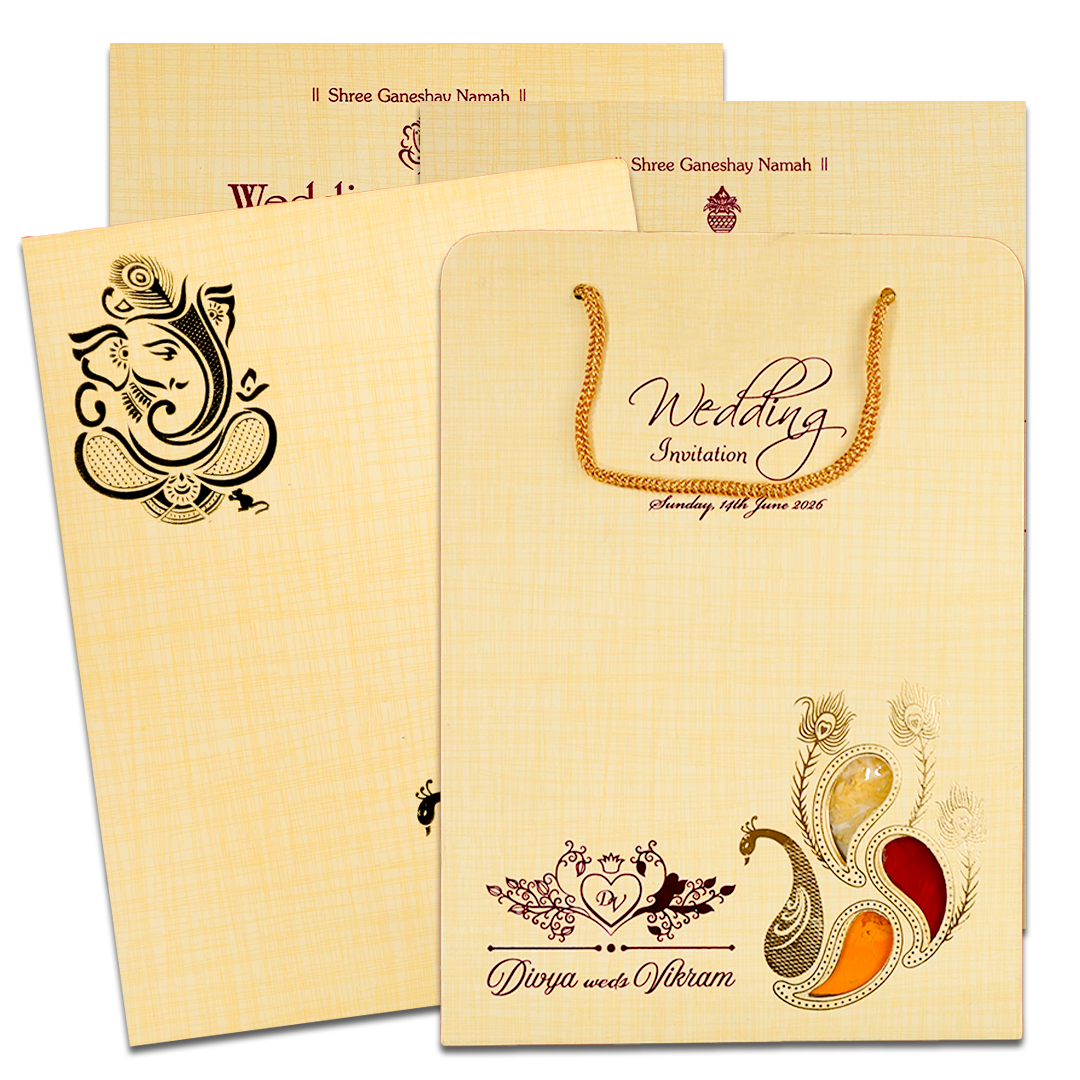 Yellow Peacock Feather Padded Wedding Card-KNPS9516Y