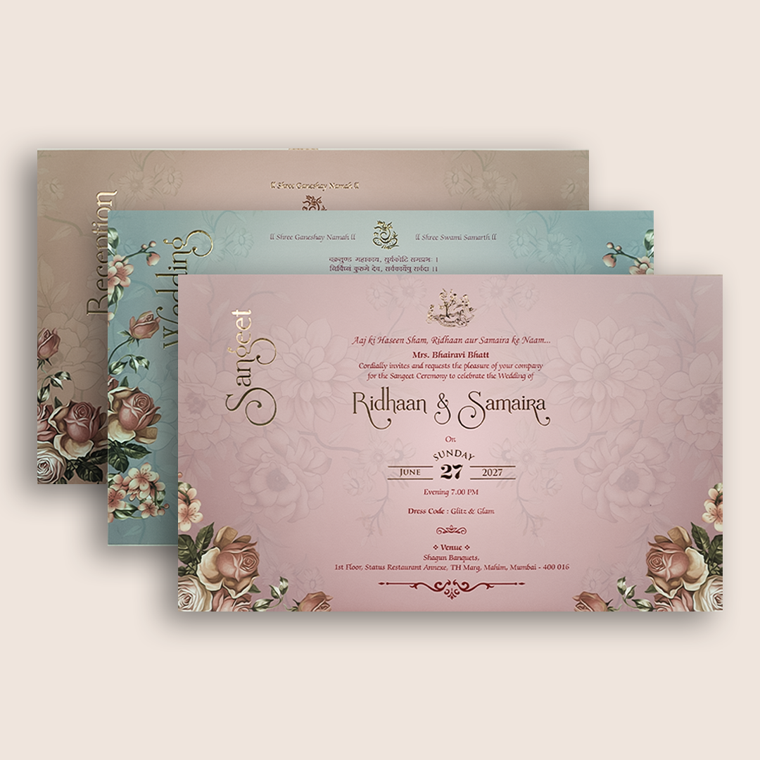 Green Rose Floral Embossed Padded Wedding Card - KVN07250