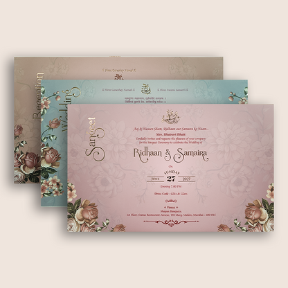 Green Rose Floral Embossed Padded Wedding Card - KVN07250