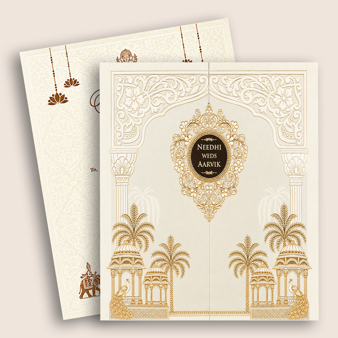 White Embossed Floral Door Style Padded Wedding Card - KSH27270
