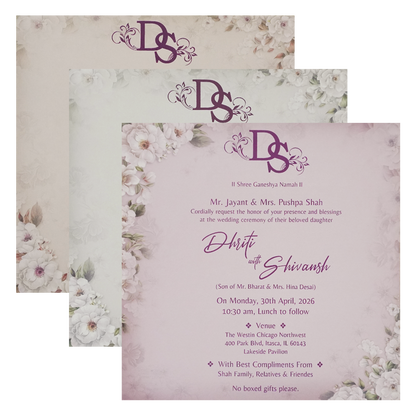 Grey Floral Padded Wedding Card - KSH72790