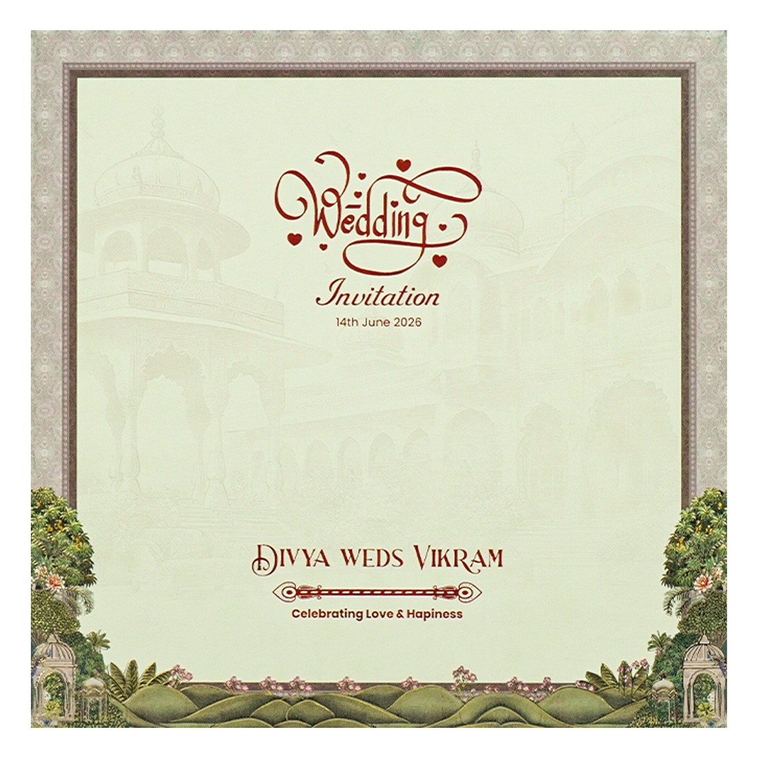 Cream Padded Garden Palace Wedding Card-KNPO5572C