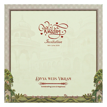 Cream Padded Garden Palace Wedding Card-KNPO5572C