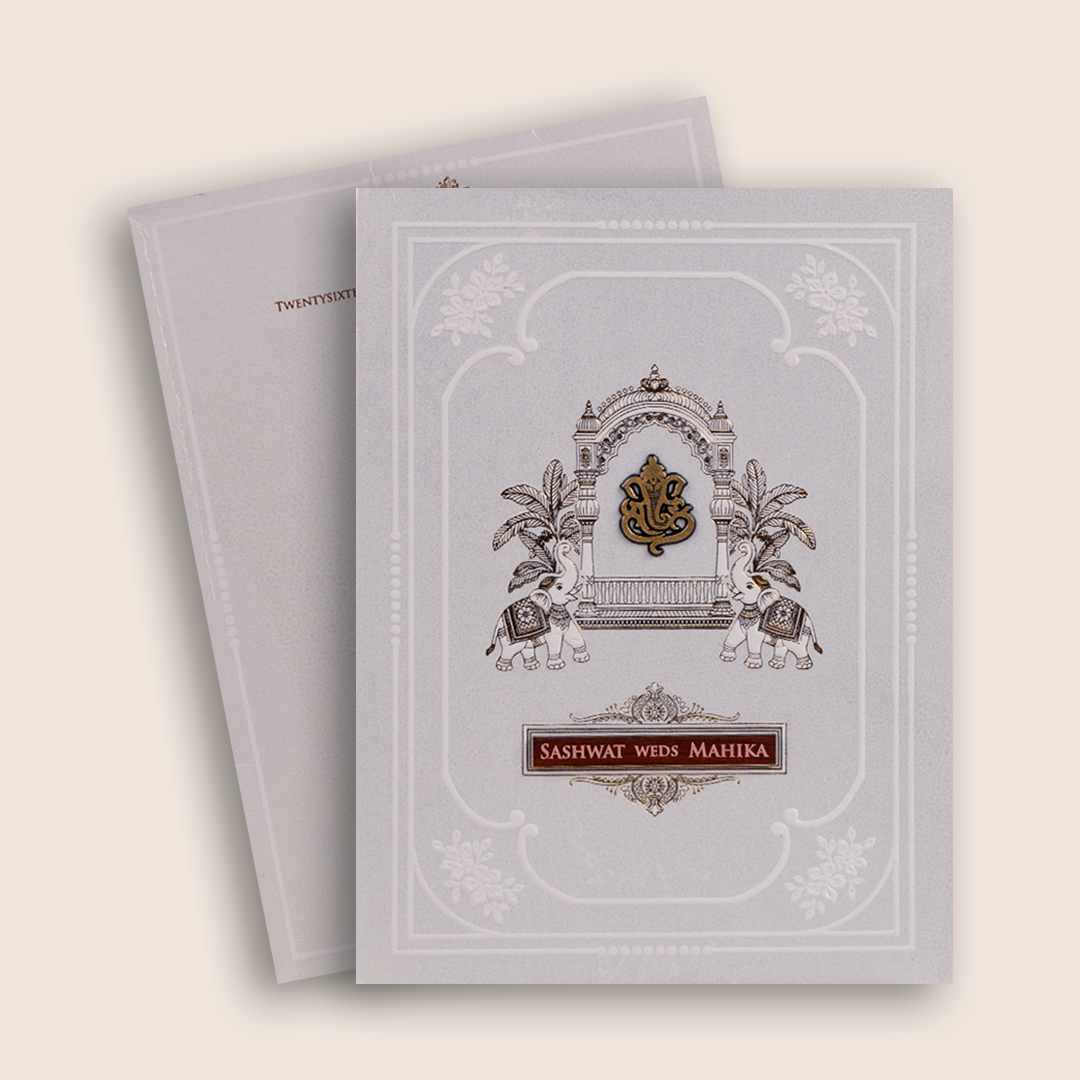 Ivory Embossed Royal Elephant Wedding Invitation Card - KRE29370