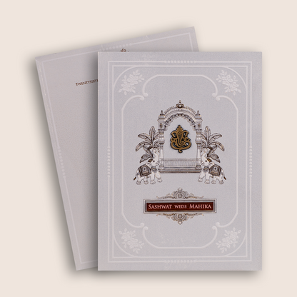 Ivory Embossed Royal Elephant Wedding Invitation Card - KRE29370