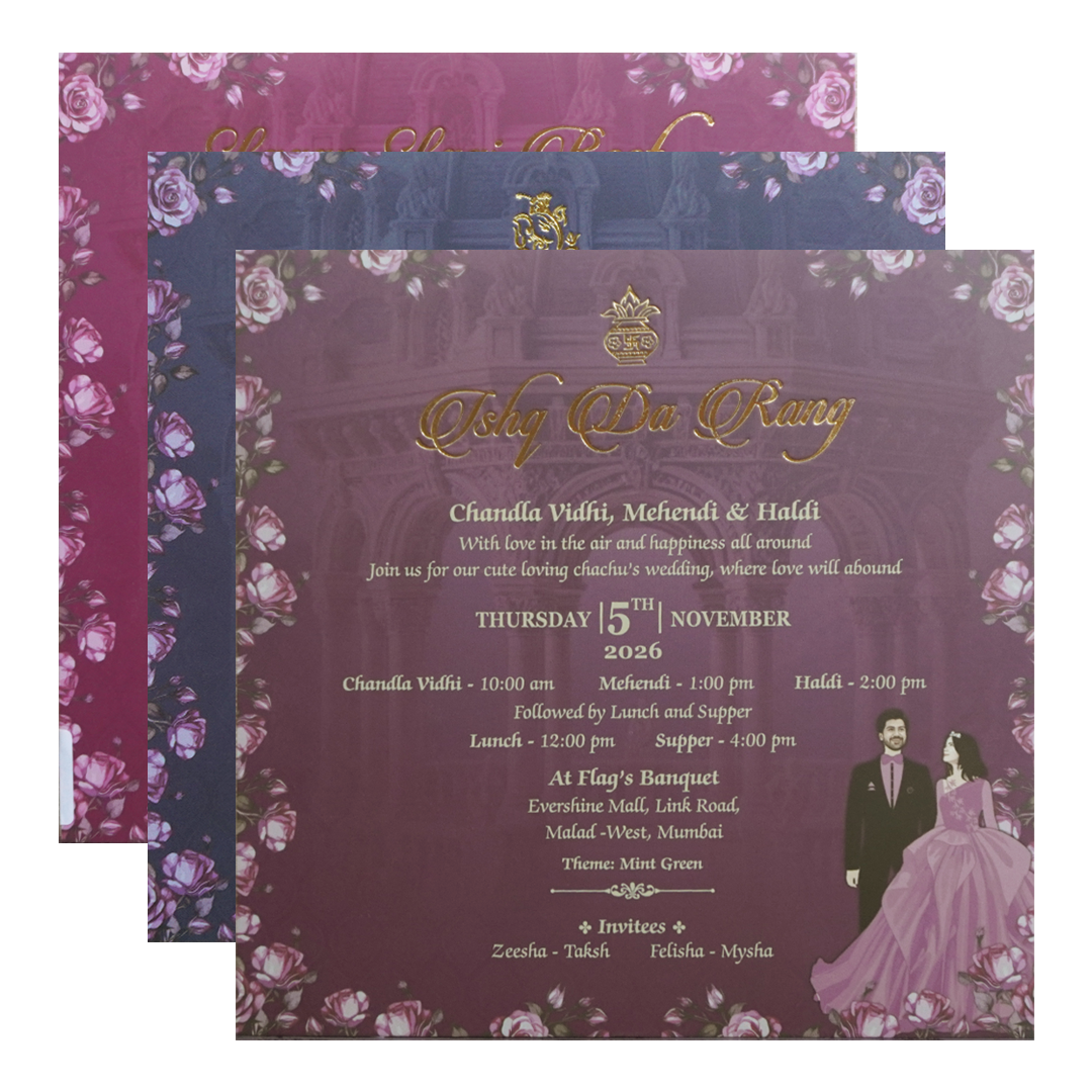 Purple Palace Rose Padded Couple Wedding Card - KVN07660