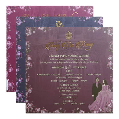 Purple Palace Rose Padded Couple Wedding Card - KVN07660