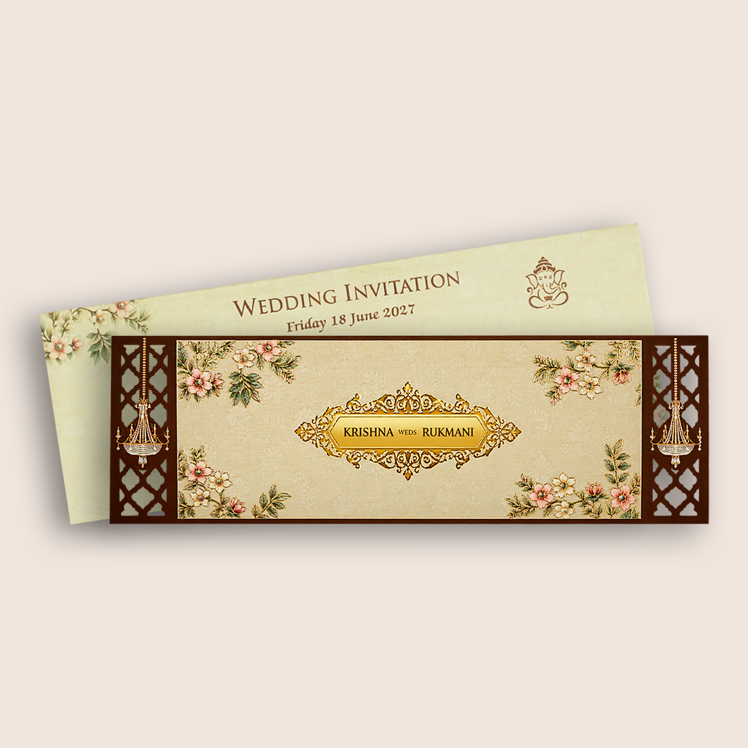 Brown MDF Floral Three Fold Wedding Card - KJTS1907