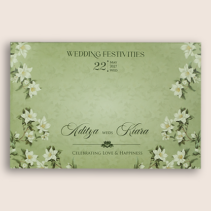 Olive Green Embossed Lilly Flower Padded Wedding Invitation - KFR17430