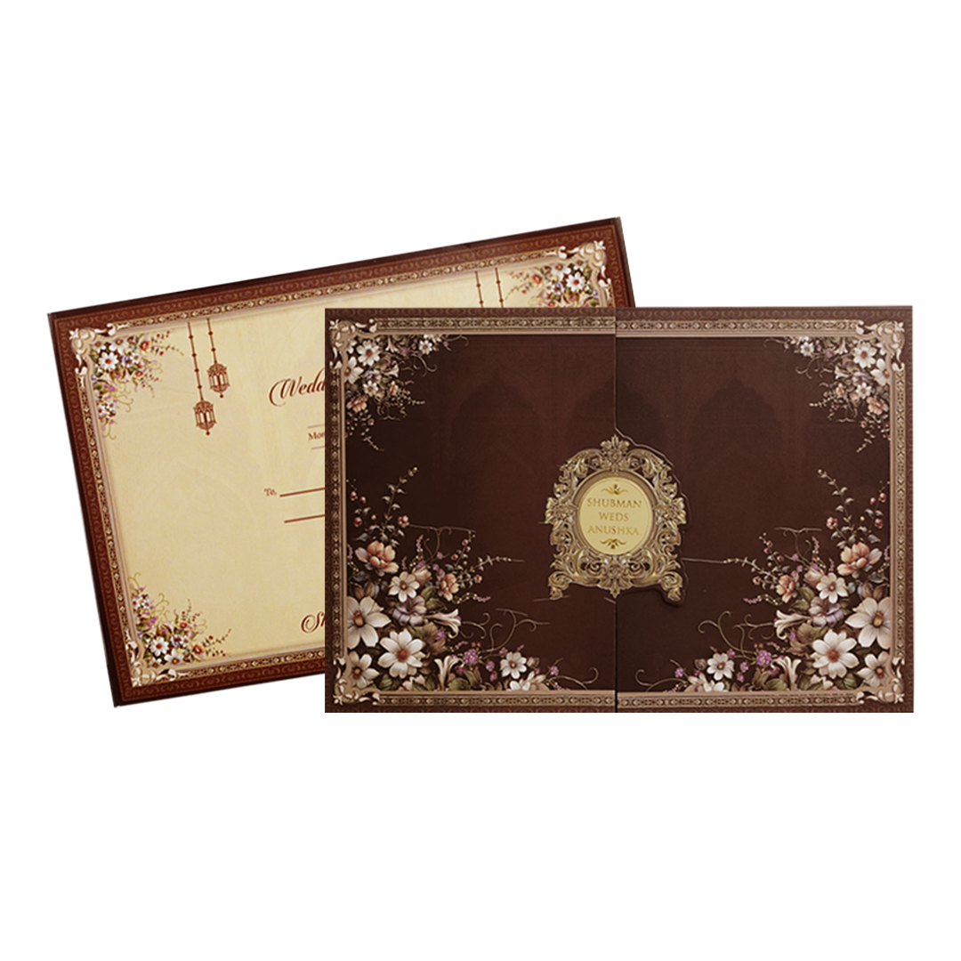 Royal Brown Floral Gold Foil Door Style Wedding Invitation Card-KRB09090