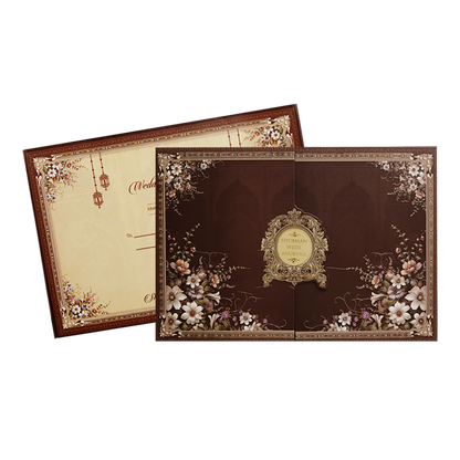 Royal Brown Floral Gold Foil Door Style Wedding Invitation Card-KRB09090