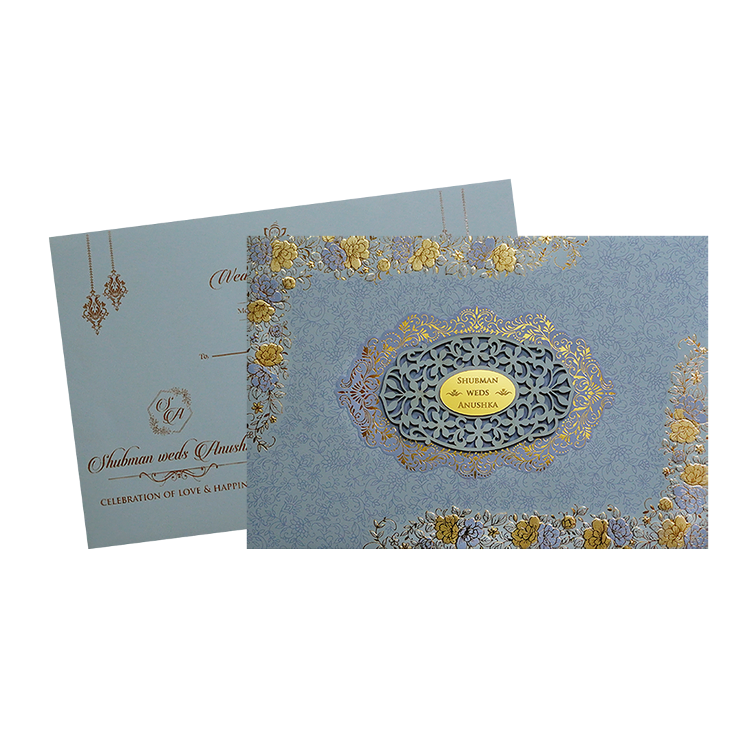 Grey Padded Embossed Floral Wedding Invitation Card-KRB09790