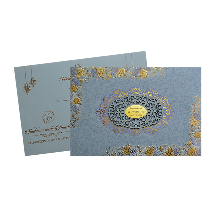 Grey Padded Embossed Floral Wedding Invitation Card-KRB09790