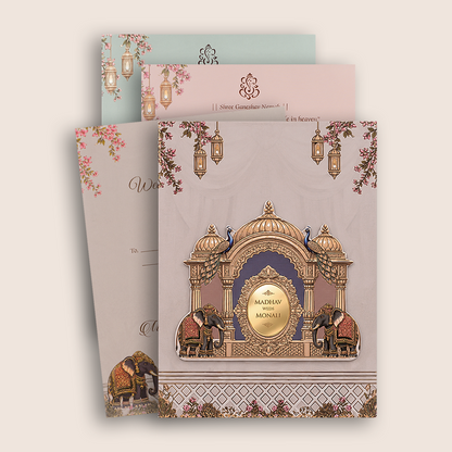 Peach Elephant Floral  Padded Wedding Card - KJTS3703