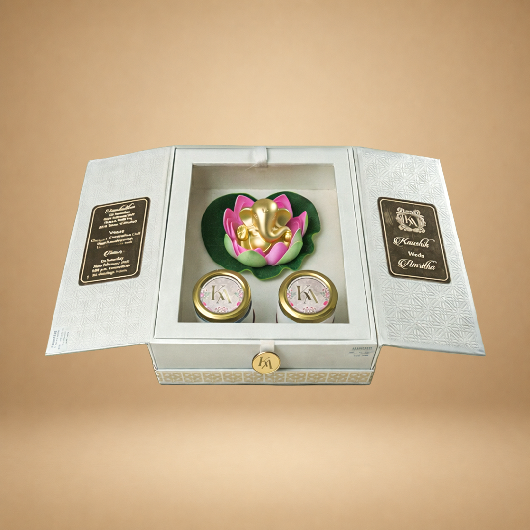 White Premium Floral Ganesha Luxury Invitation Box - KNLW20254