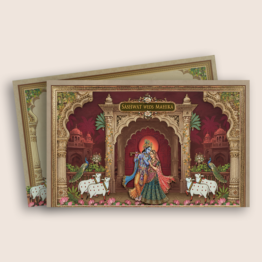 Wine Lord Radha Krishna Padded Wedding Card - KRE28810