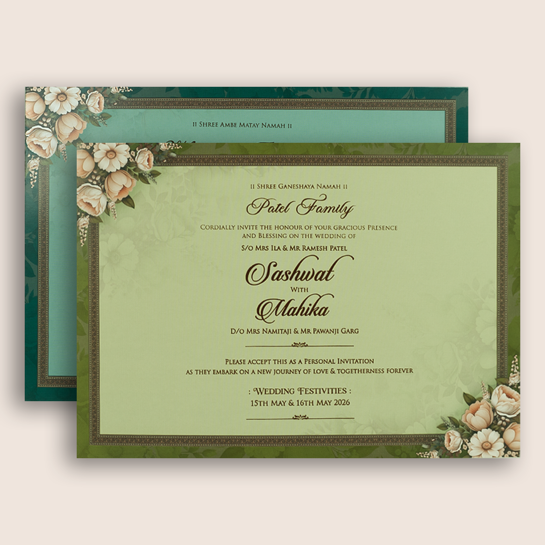 Green Floral Laser Cut Padded Invitation Card - KRE29050