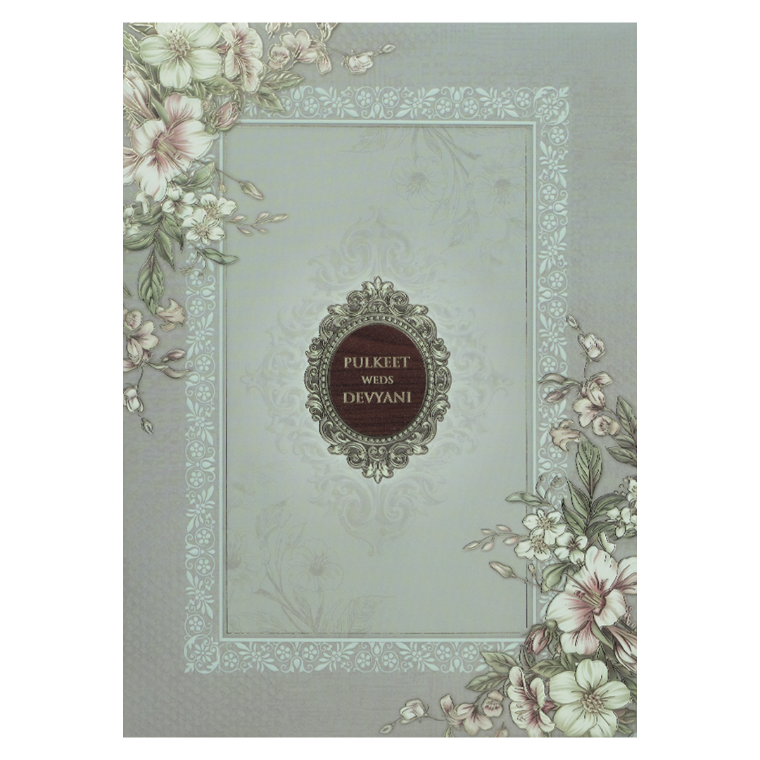 Grey Floral Border Padded Wedding Card-KJTS1814