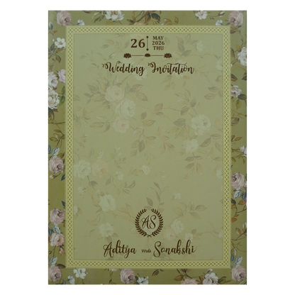 Green Floral Gold Frame Padded Wedding Card-KRE27260