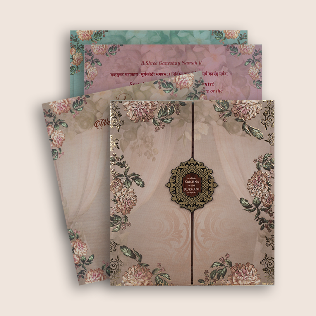Pastel Brown Floral Padded Door Style Wedding Card - KJTS1935
