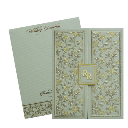 Green Gold Floral Double Door Padded Wedding Card-KMMWD1106