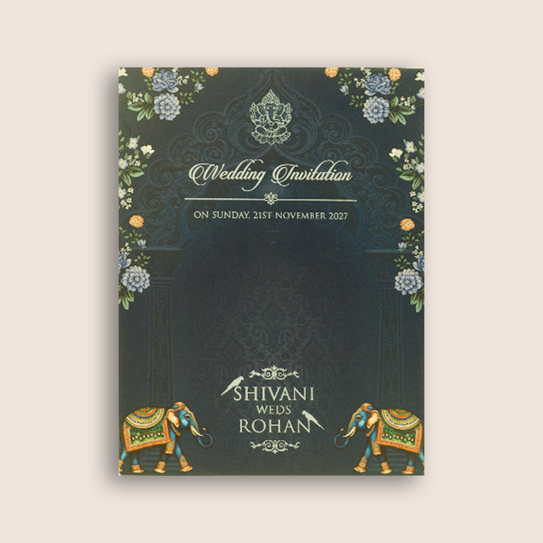 Navy Blue Embossed Elephant Wedding Invitation - KVN07960