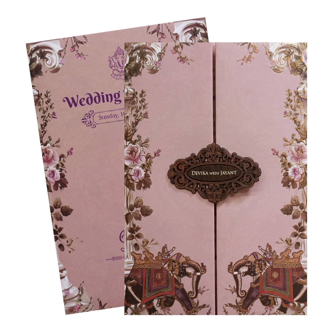 Pink Floral Royal Elephant Padded Wedding Card - KVN07430