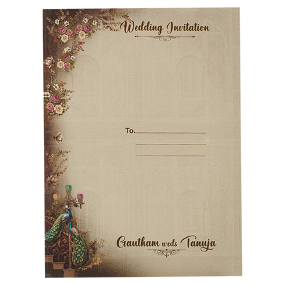 Brown Peacock Mandir Wedding Card-KSI64790