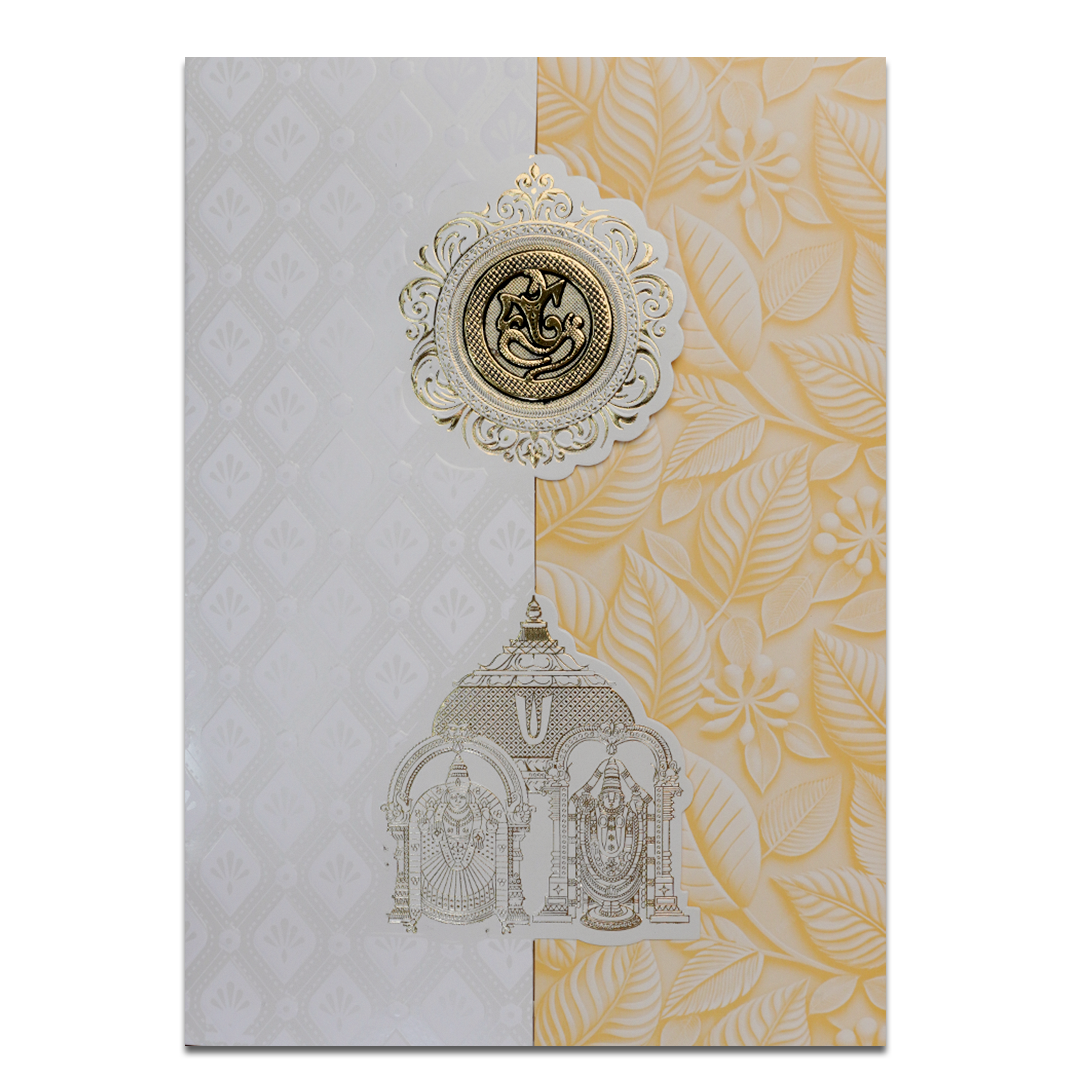 White Pastel Yellow Ganesha Temple Wedding Card-KNA2401Y