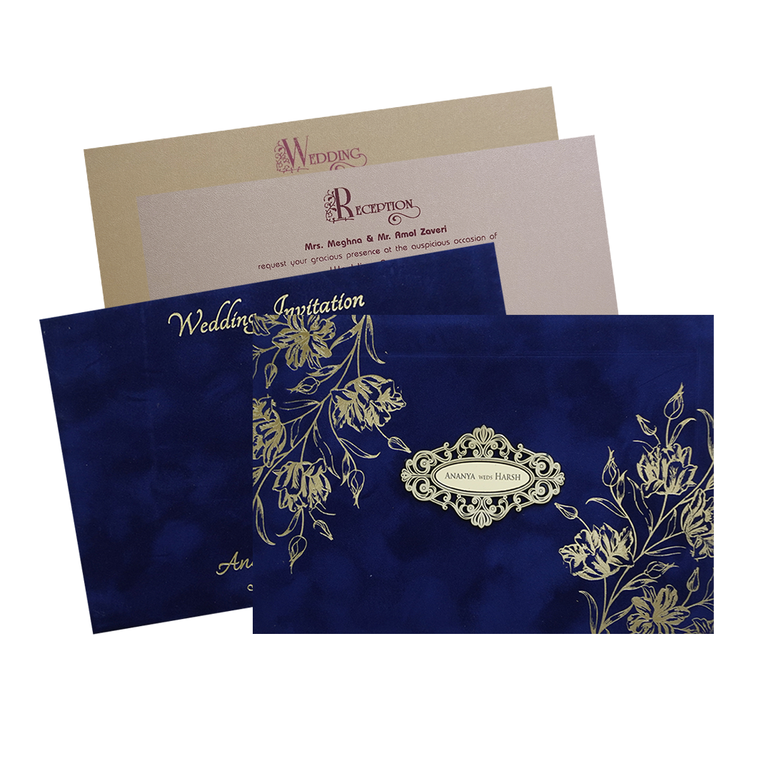 Blue Gold Floral Padded Wedding Card -KMMWD1137