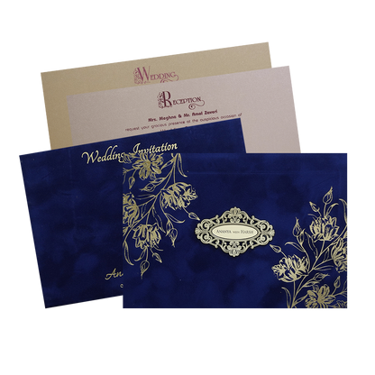Blue Gold Floral Padded Wedding Card -KMMWD1137
