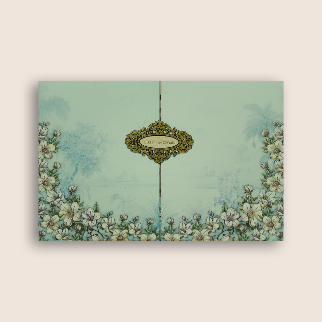 Blue Embossed Floral Door Style Padded Wedding Card - KJTS1829