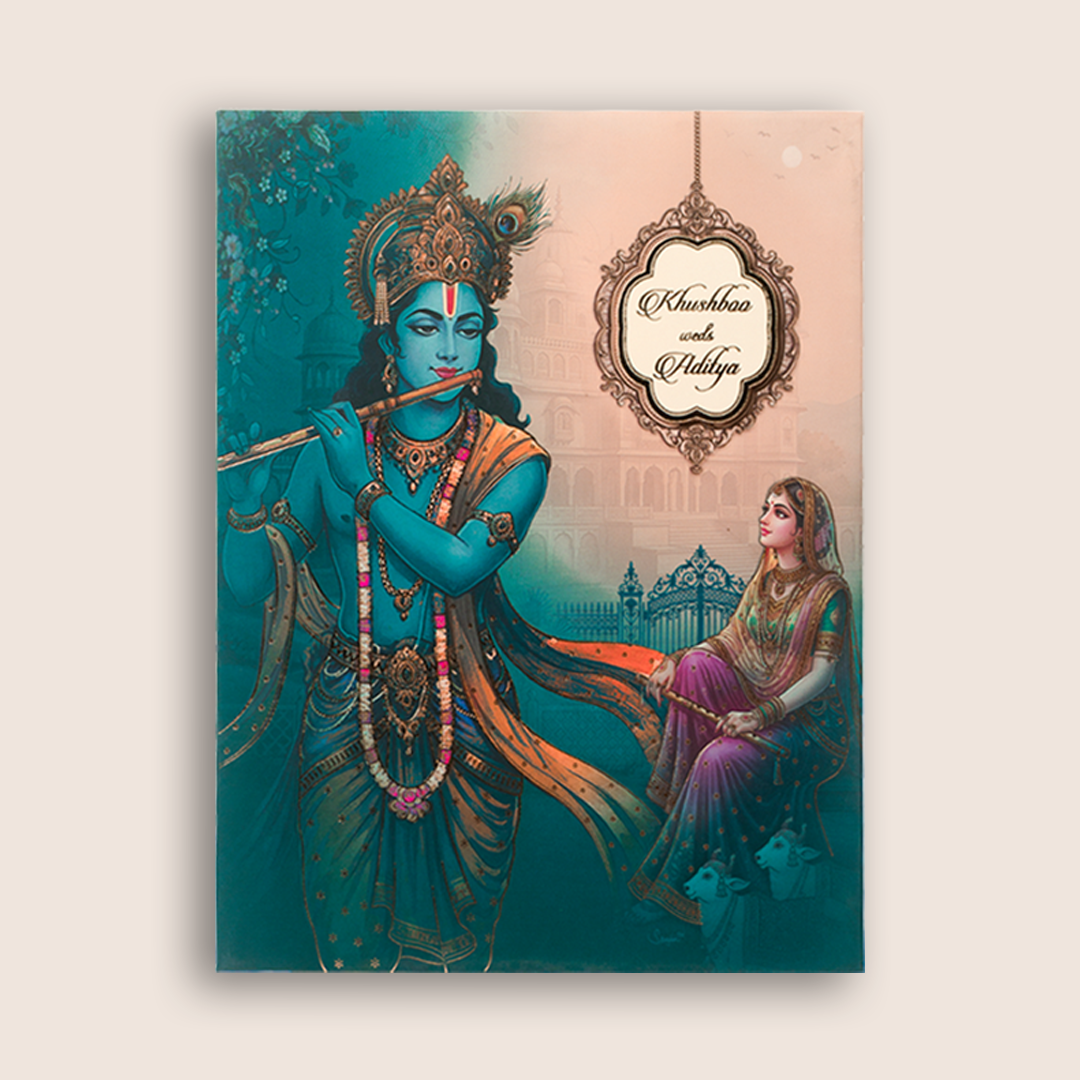 Blue Radha Krishna Padded Wedding Card -  KAA05710