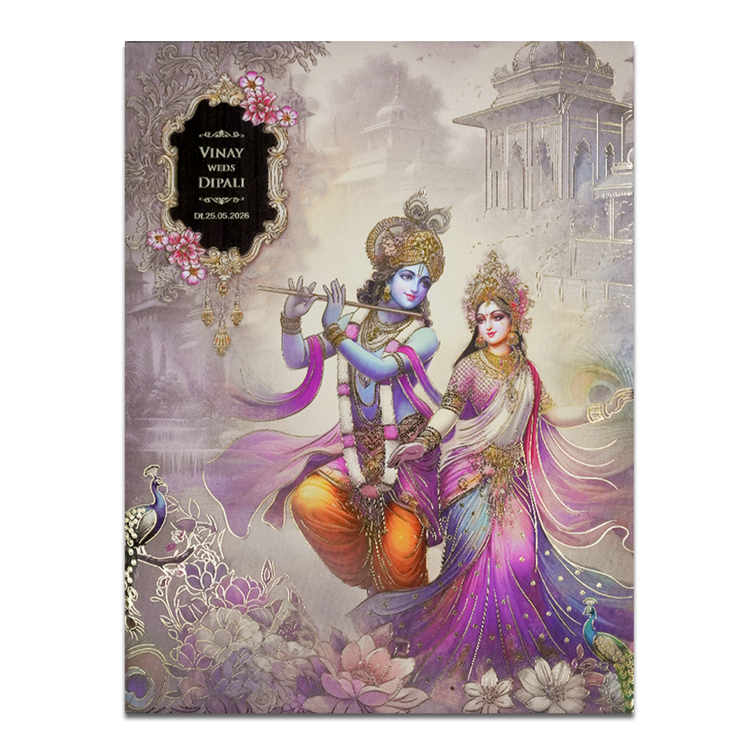 Krishna Radha Floral Padded Wedding Card-KSH72340