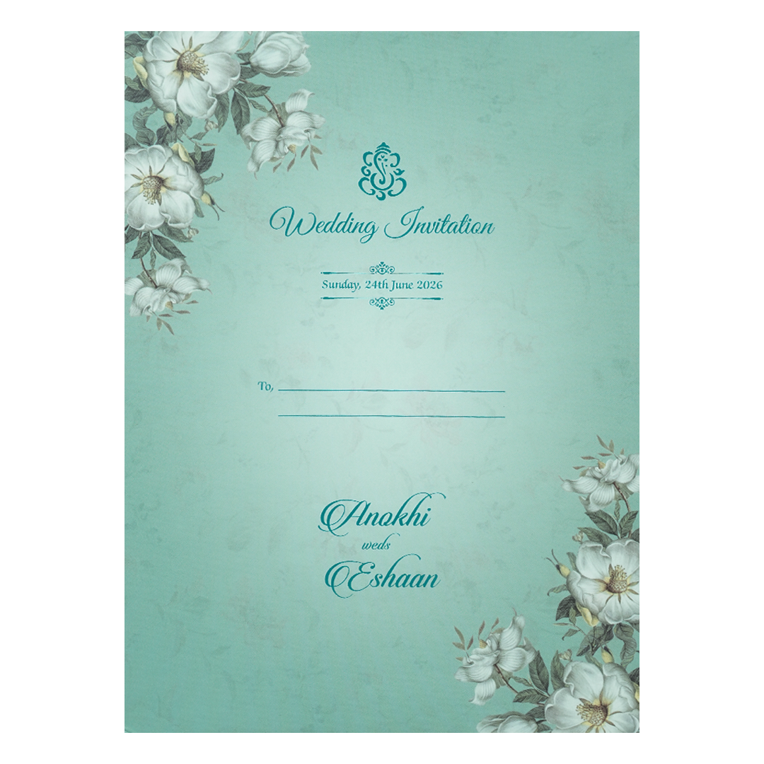 Pastel Blue Floral Wood Foil Padded Wedding Card-KJTS3659