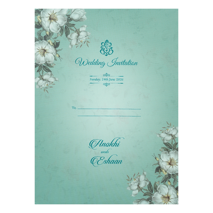Pastel Blue Floral Wood Foil Padded Wedding Card-KJTS3659