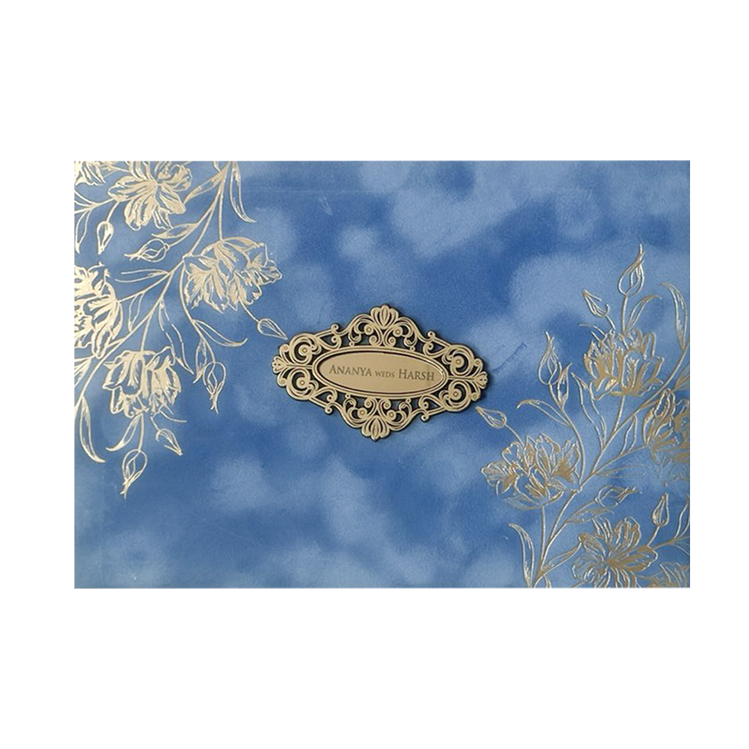 Blue Floral Emblem Padded Wedding Card-KMMWD1160