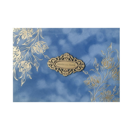 Blue Floral Emblem Padded Wedding Card-KMMWD1160