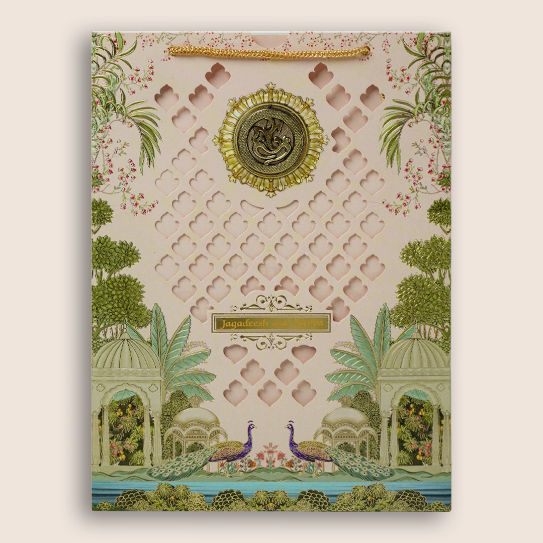 Cream Laser-Cut Bag Style Wedding Card - KNAS3106
