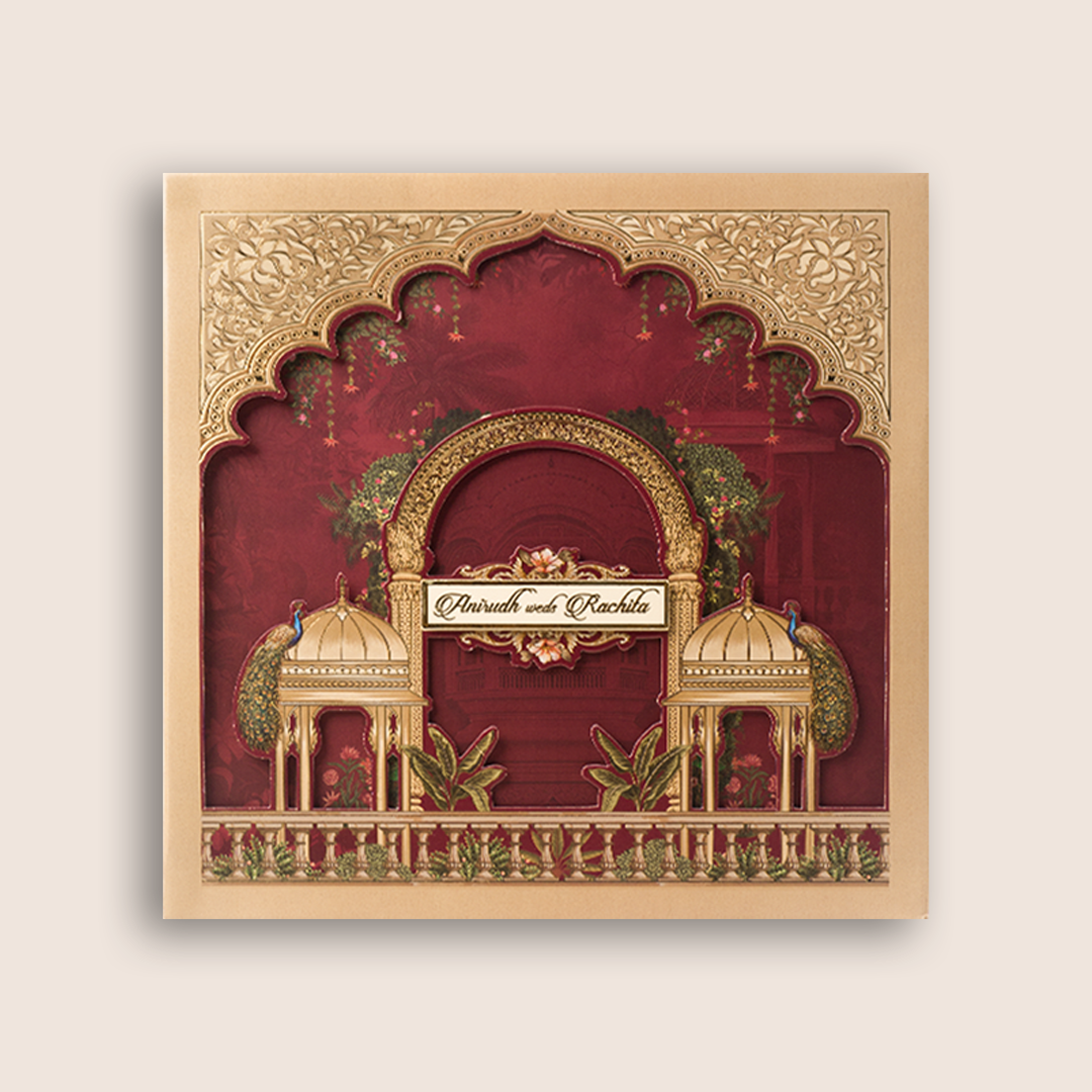 Maroon Jharokha Padded Laser Cut Wedding Card - KAA06250