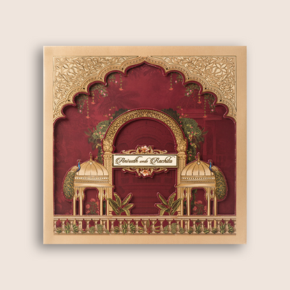 Maroon Jharokha Padded Laser Cut Wedding Card - KAA06250