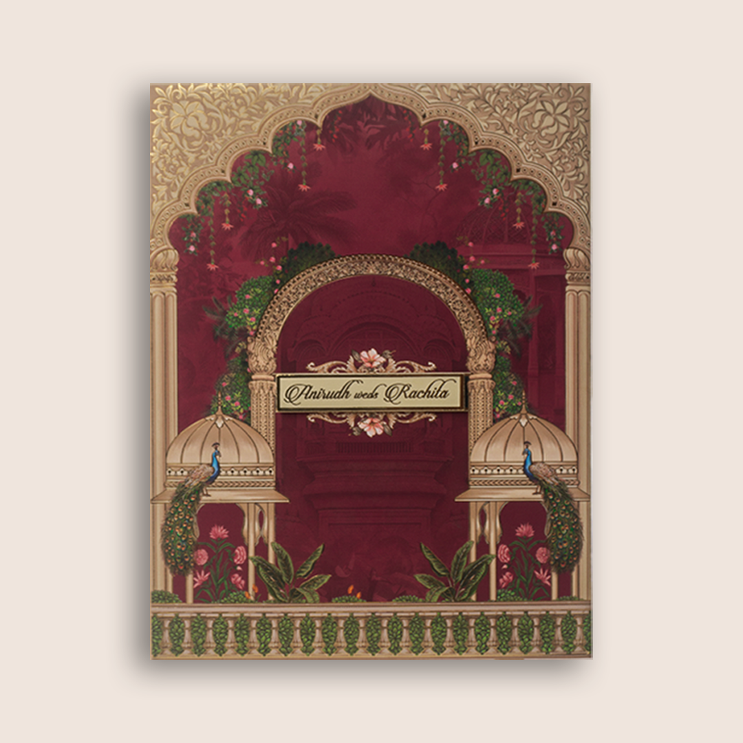 Maroon Padded Floral Peacock Wedding Card - KAA05740