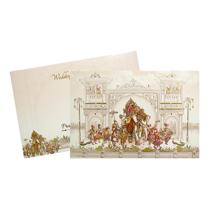 Cream Baraat Procession 3D Padded Wedding Card - KMMWD1111