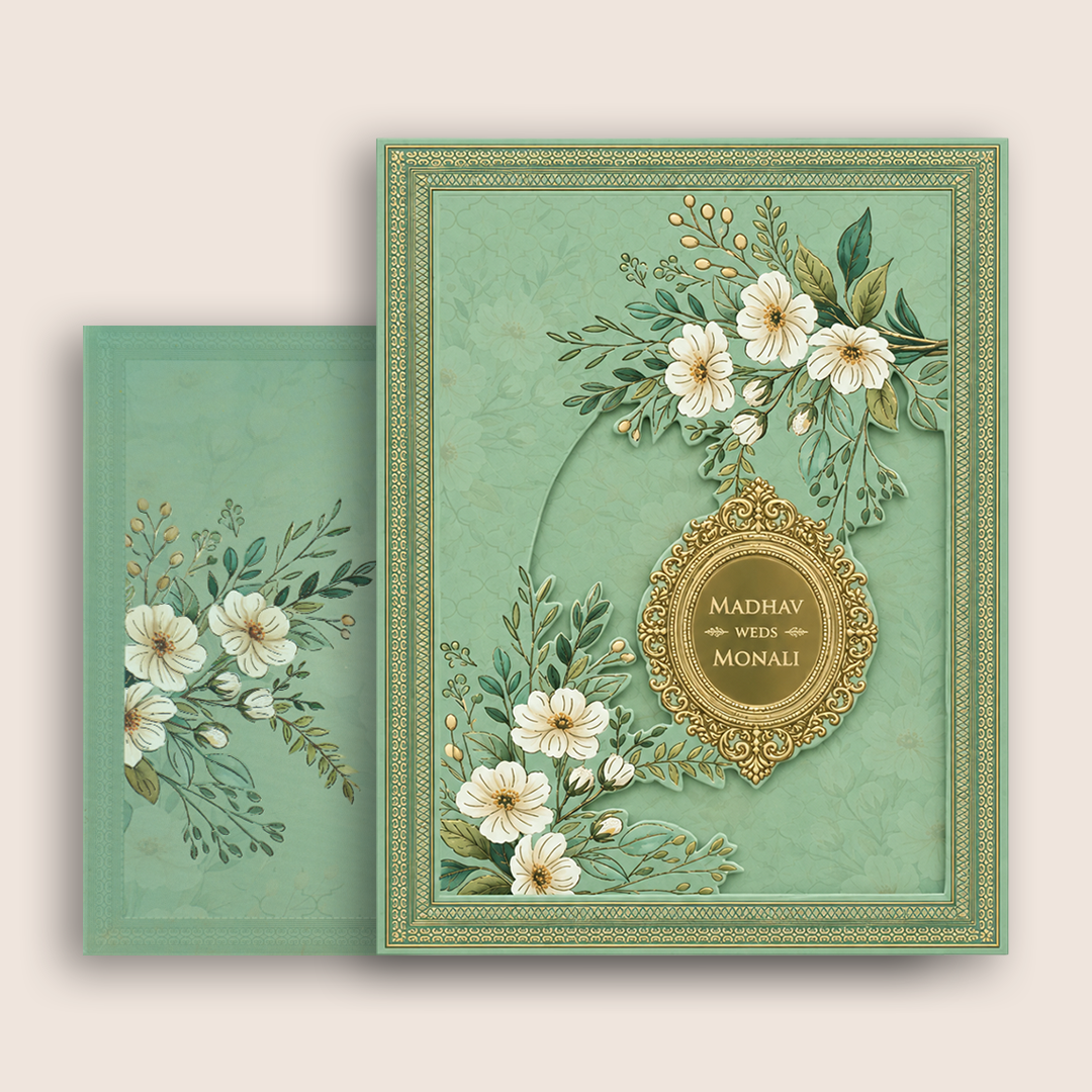 Pastel Green Floral Laser Cut Padded Wedding Invitation Card - KJTS3699