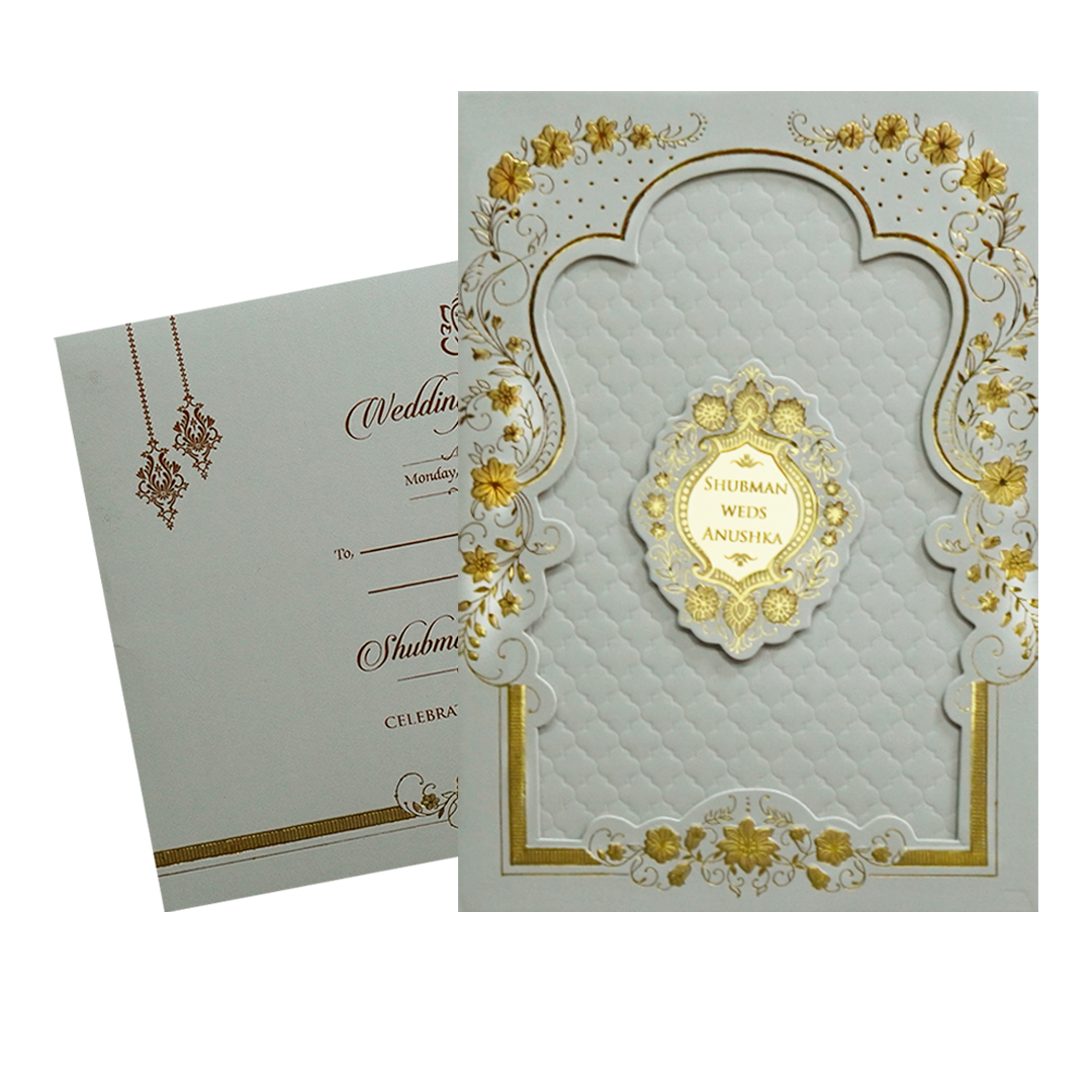 Grey Padded Embossed Floral Wedding Invitation Card-KRB09681