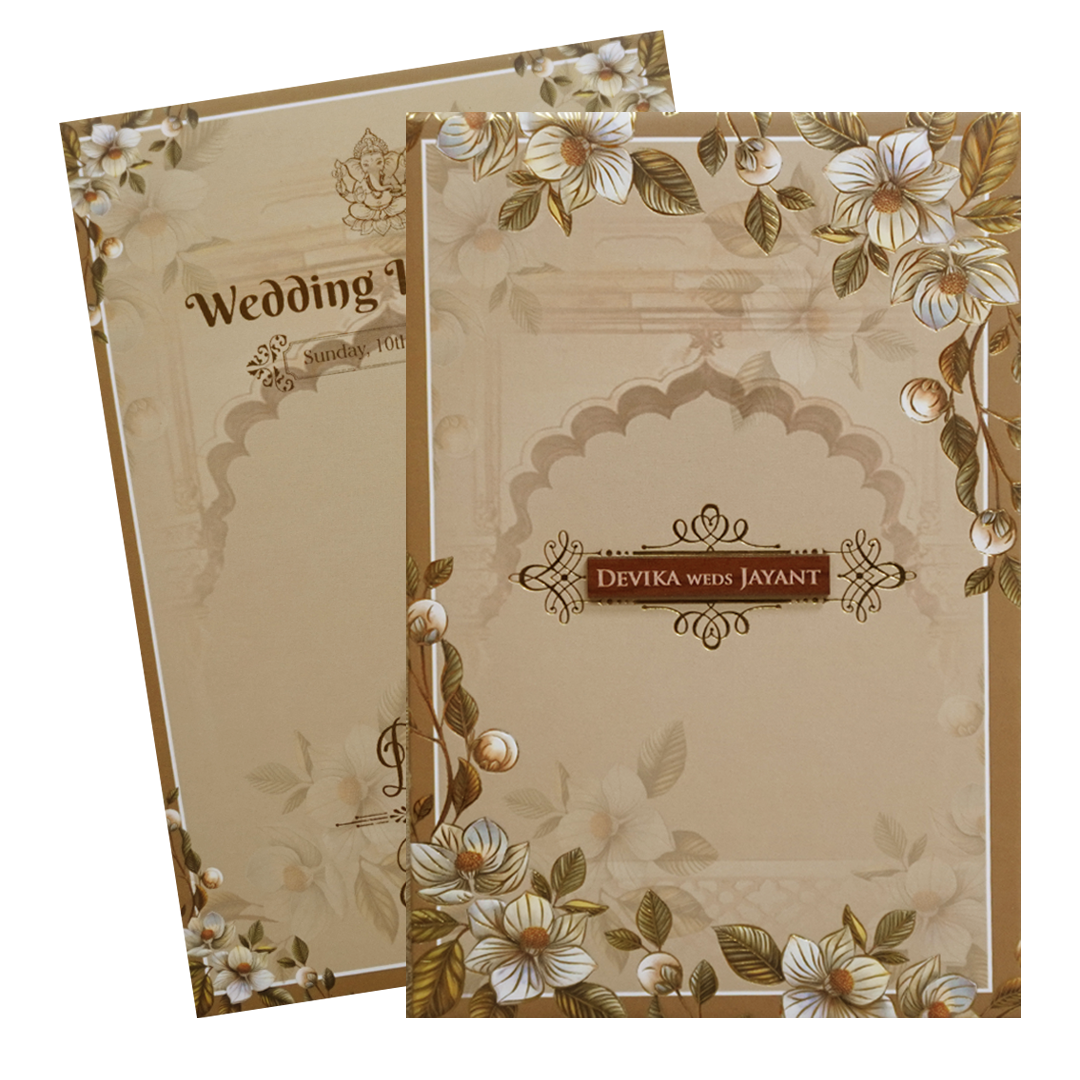 Brownish Cream Padded Floral Arch Wedding Card- KVN07390