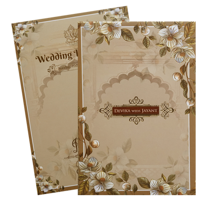 Brownish Cream Padded Floral Arch Wedding Card- KVN07390