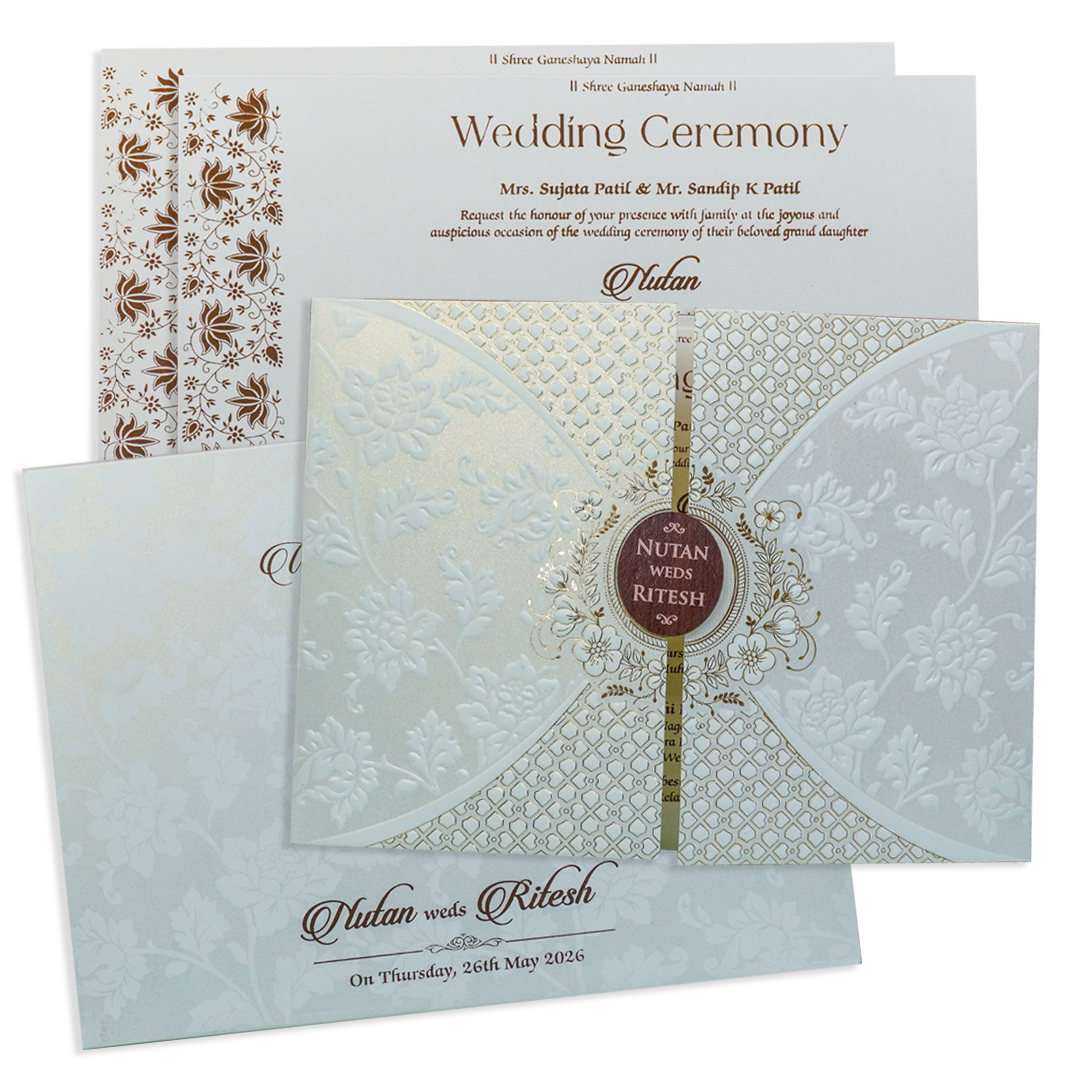 White Floral Patterned Embossed Padded Wedding Card - KRE28600